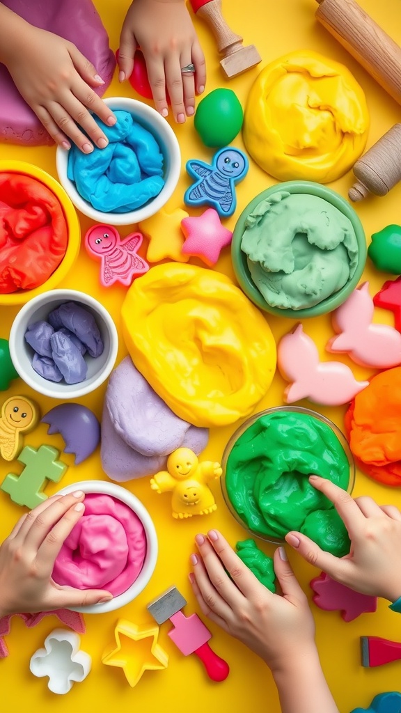 Colorful homemade play dough in bowls with children